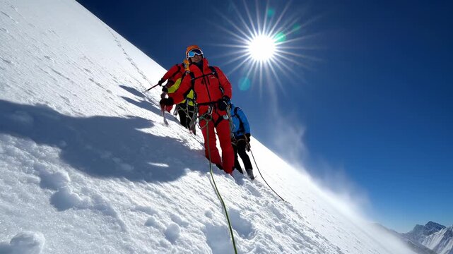 Roped Mountaineers Ascending Snowy Peak on Sunny Day