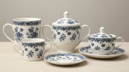 Fototapeta premium Elegant porcelain tea set with blue floral pattern against a beige backdrop