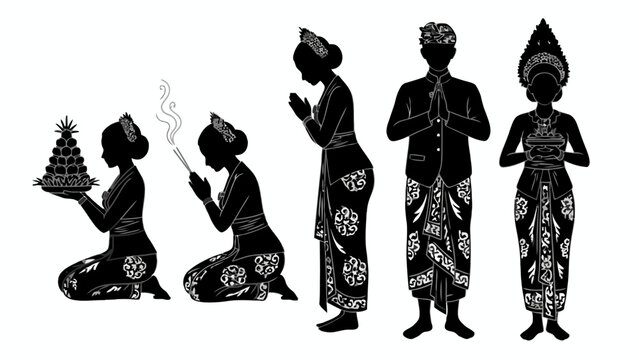 Balinese People Silhouette Set Performing Hindu Ritual Ceremony