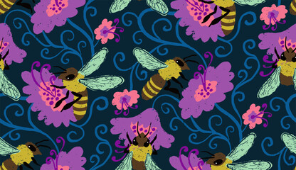 Naklejka premium Hand drawn seamless pattern with chalky texture bees and vibrant flowers. Organic botanical design with detailed honeybees and floral elements