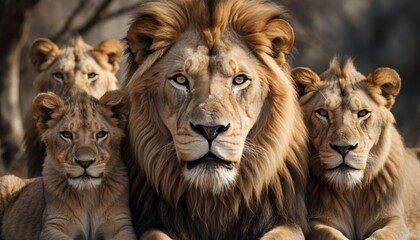 Fototapeta premium A group of lions rests together in the wild. The lion family includes a strong male lion and several smaller lion cubs, showcasing the bond of these lions.