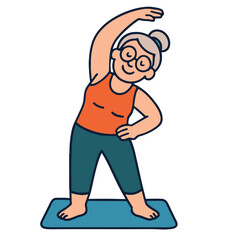 Obraz premium Senior woman stretching exercise mat, smiling, active lifestyle, healthy, fitness, cartoon style