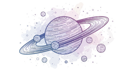Illustration of Saturn with its iconic rings and several moons orbiting the gas giant. © dailystock