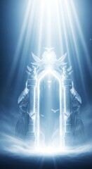 Fototapeta premium Bright ethereal gateway appears amidst swirling clouds under heavenly light beams