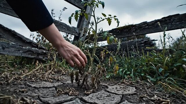 Hand touching withered plant in dry cracked earth showing drought and environmental issues