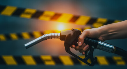 Fuel Crisis Concept with Hand Holding Gas Nozzle and Warning Tape Against Dark Background Symbolizing Energy Shortage