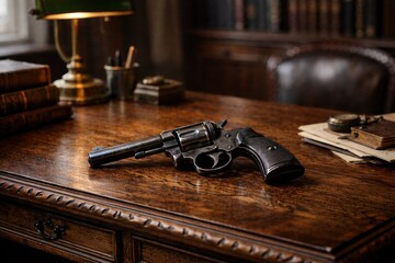 Obraz premium A revolver on an oak desk in a classic office as a metaphor for tension, negotiation or the will to dialogue and resolve conflicts, the concept of justice, power, decision and resolution of situations