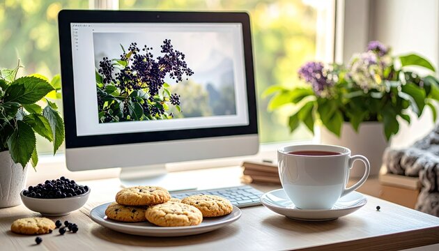 Cozy home workspace with computer displaying floral image, snacks, and a warm beverage by the window.