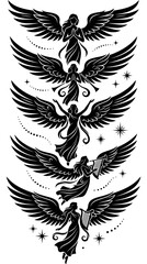 Naklejka premium Artistic depiction of angels with wings, arranged vertically, against a dark backdrop. Each angel exhibits unique poses and expressions. 