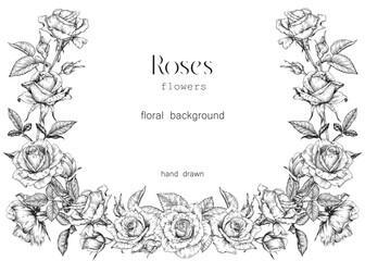 Vector vintage floral background flowering frame in black white. Delicate Roses flowers, leaves engraved elements. Toile art Hand drawn illustration for design greeting card, wedding decor, invitation © Olha