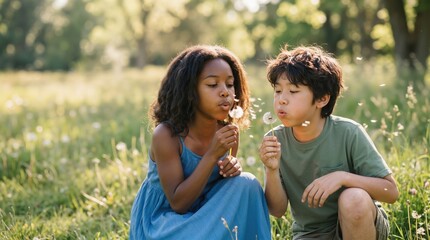 Fototapeta premium Multiethnic friends blowing dandelion seeds in a park. Young girl and boy making a wish in nature. Childhood and diversity concept