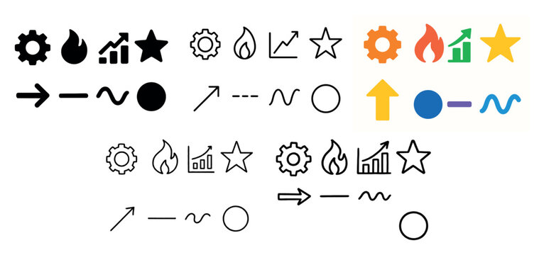 Interface icons with gear flame arrow flat colorful