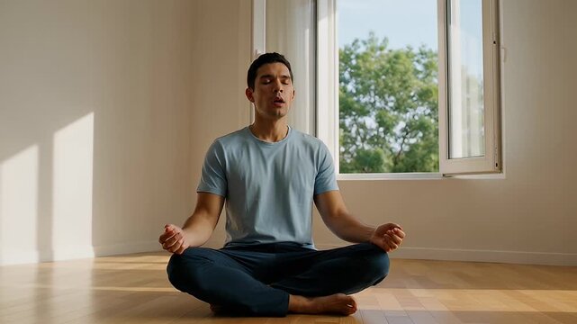 Young man meditating indoors in a sunlit room with an open window