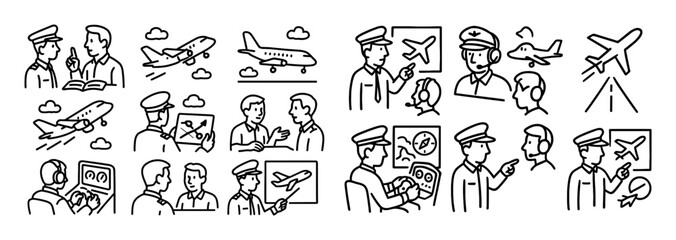 Fototapeta premium Travel icons with pilot airplane passenger outline