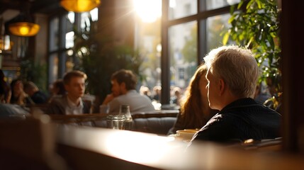 Fototapeta premium Warm sunlight illuminates a lively cafe interior casting golden light on patrons engaged in social conversation