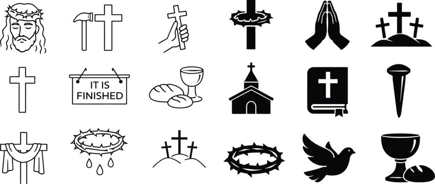 Good Friday line and Black icons in black, including cross, crown of thorns, praying hands, bread and chalice, and other Christian symbols. Simple vector style for religious projects