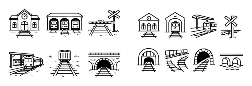 Railway icons with station tunnel tracks outline