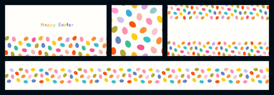 Colorful eggs vector set with seamless pattern, background, border and banner template for Easter graphic designs