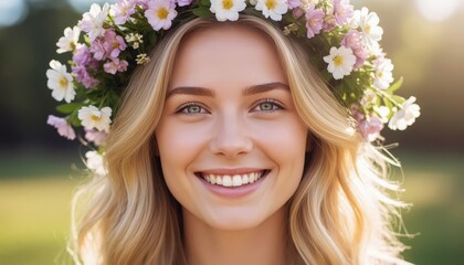 Naklejka premium A young woman is smiling, wearing a floral crown made of colorful flowers. The woman stands in a bright, sunny outdoor setting with greenery in the background.