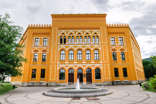 Mostar, Bosnia and Herzegovina - May 9, 2025: Historic Mostar Gymnasium building (Stara gimnazija), an Austro-Hungarian era landmark with Moorish Revival architecture in Mostar