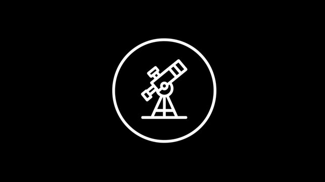 A white outlined telescope icon encased in a white circular border against a stark black background