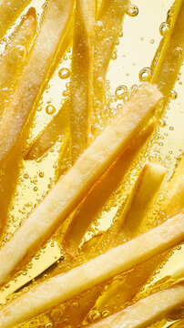 French fries submerged in boiling oil with bubbles