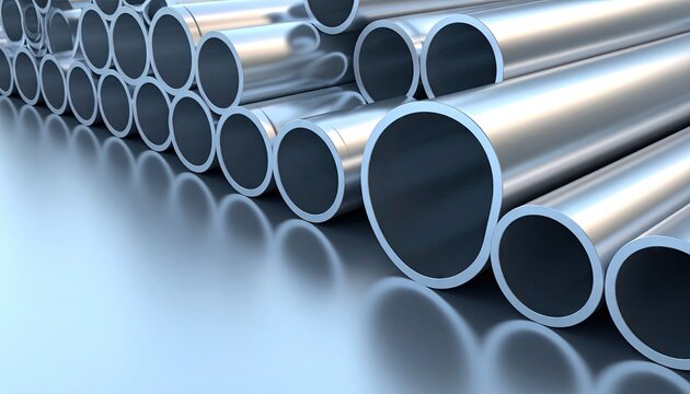 Steel pipes stacked on a reflective surface, with blurred metallic background, for construction materials