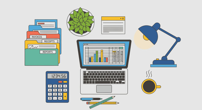Flat design accountant desk flat lay vector illustration minimal shapes