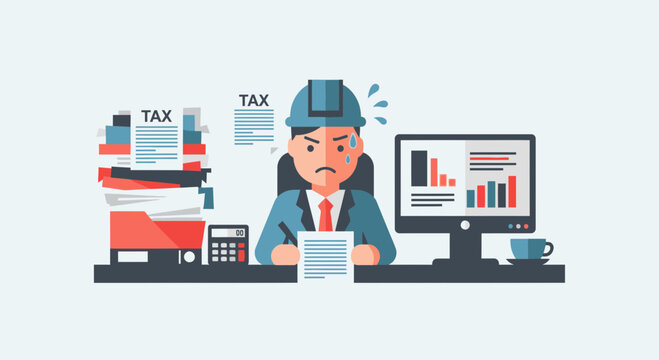 Flat design stressed worker icon with messy desk and minimal shapes tax illustration