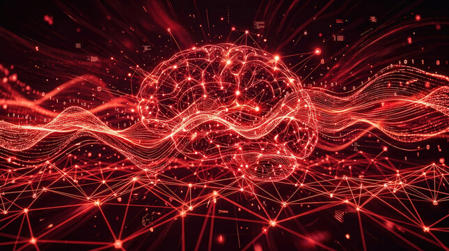 Futuristic Digital Network Illustration with Bright Red Data Waves and Connectivity