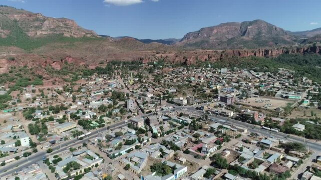 Panoramic Drone Shot of Abyi Adi Cityscape and Rural Architecture in Tembien Region