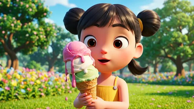 A joyful cartoon girl on her Kids Summer Adventures enjoys a delicious triple scoop ice cream cone with colorful flavors and a visible Melting Cone Drip in a vibrant, sunlit fantasy garden