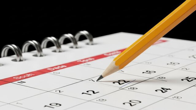 Yellow pencil marks a date on a calendar with a silver spiral binding