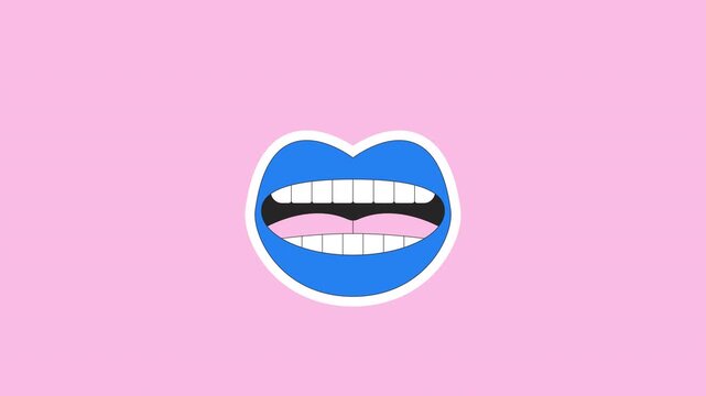 Blue lips mouth open digital sticker animation. Talking teeth. Oral expression. Pop art woman. Isolated animated icon with transparent background. Applying die-cut design. 4K video overlay element