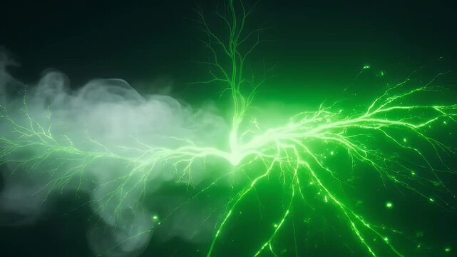 Eerie green lightning tree spreading its branches through fog in a dark environment