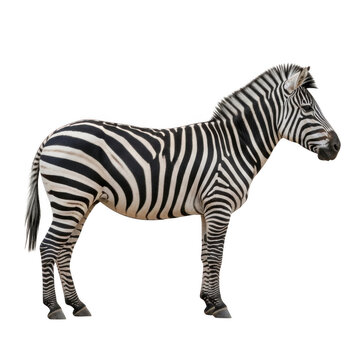 A black and white zebra standing on a plain surface isolated on transparent background