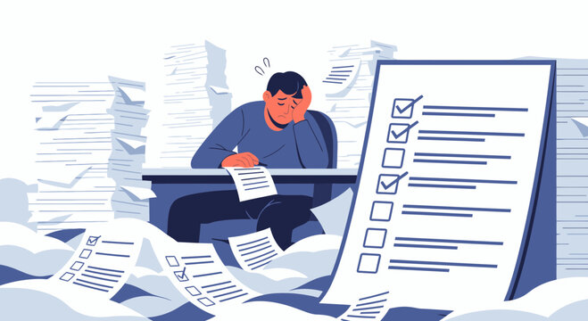Flat illustration of overwhelmed worker with papers and checklist flat vector