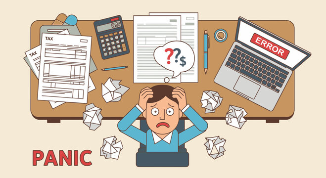 Flat illustration panic concept top view of tax filing workspace