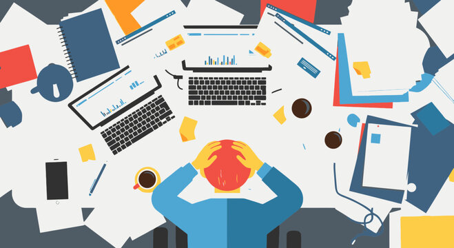 Flat top view illustration of overwhelmed worker workspace with simple shapes