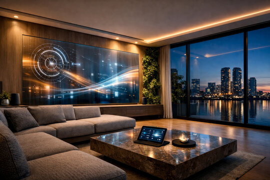 Modern smart home living room with advanced technology integrated into futuristic minimalist interior design and intelligent automation