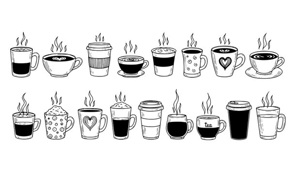 Hand drawn hot drinks doodle set with coffee tea cappuccino latte espresso and hot chocolate cups sketch style vector illustration isolated on white background