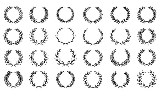 Outline laurel wreath icon set with hand drawn victory leaf frames and botanical doodle borders isolated on white background vector illustration