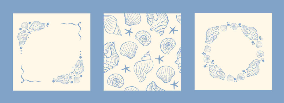 Collection of seashell frames and seamless pattern in elegant line art style. Minimalist nautical borders for wedding invitations, summer stationery, and luxury packaging design.