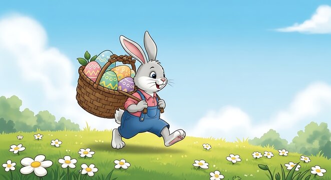 A cartoon Easter bunny runs through a field of flowers with a basket of colorful eggs.