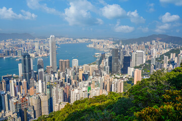 Fototapeta premium Amazing panoramic of Hong Kong city view from Victoria Peak, modern cityscape sunny day green foliage plants leaves