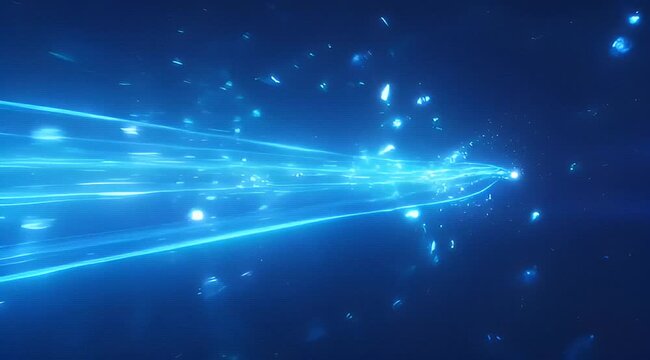 Dynamic blue light streaks hurtling through a dark space with scattered particles