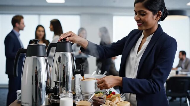 Professional woman preparing coffee at office networking event