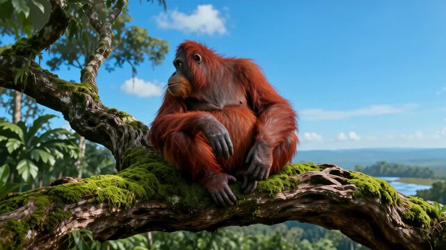 Majestuoso orangután sentado sobre una rama en la selva de Borneo