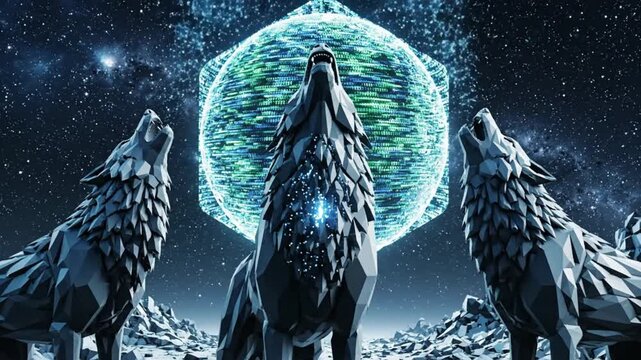 Mystical Wolves Howling at Cosmic Orb Under Starry Night Sky