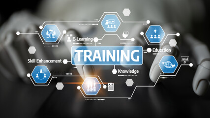 Obraz na płótnie Canvas This image showcases a digital training concept featuring a robotic hand interacting with an advanced learning interface, emphasizing education and skill development. Tessel